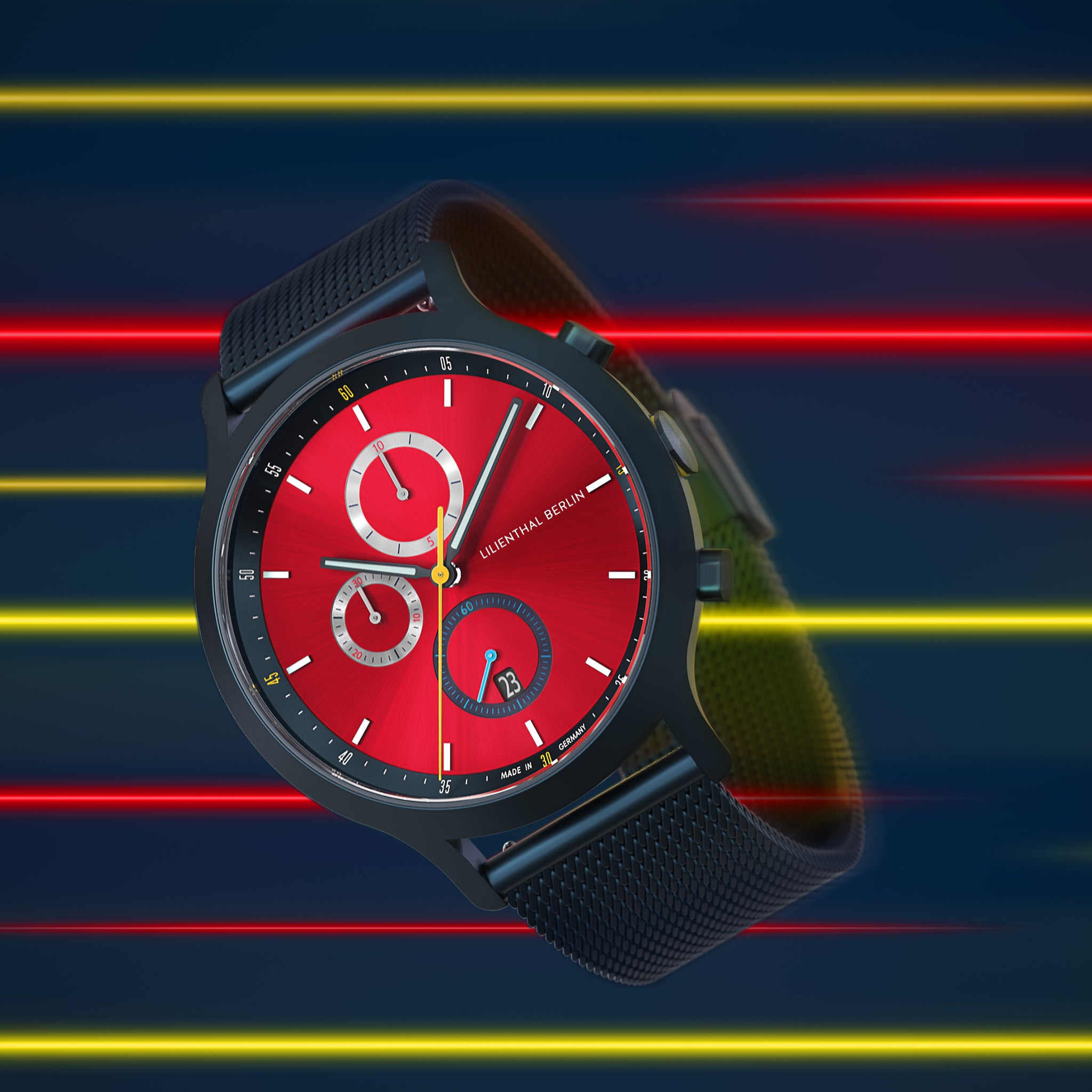 Modern wristwatch with red dial, black mesh strap, and chronograph, on neon lines background