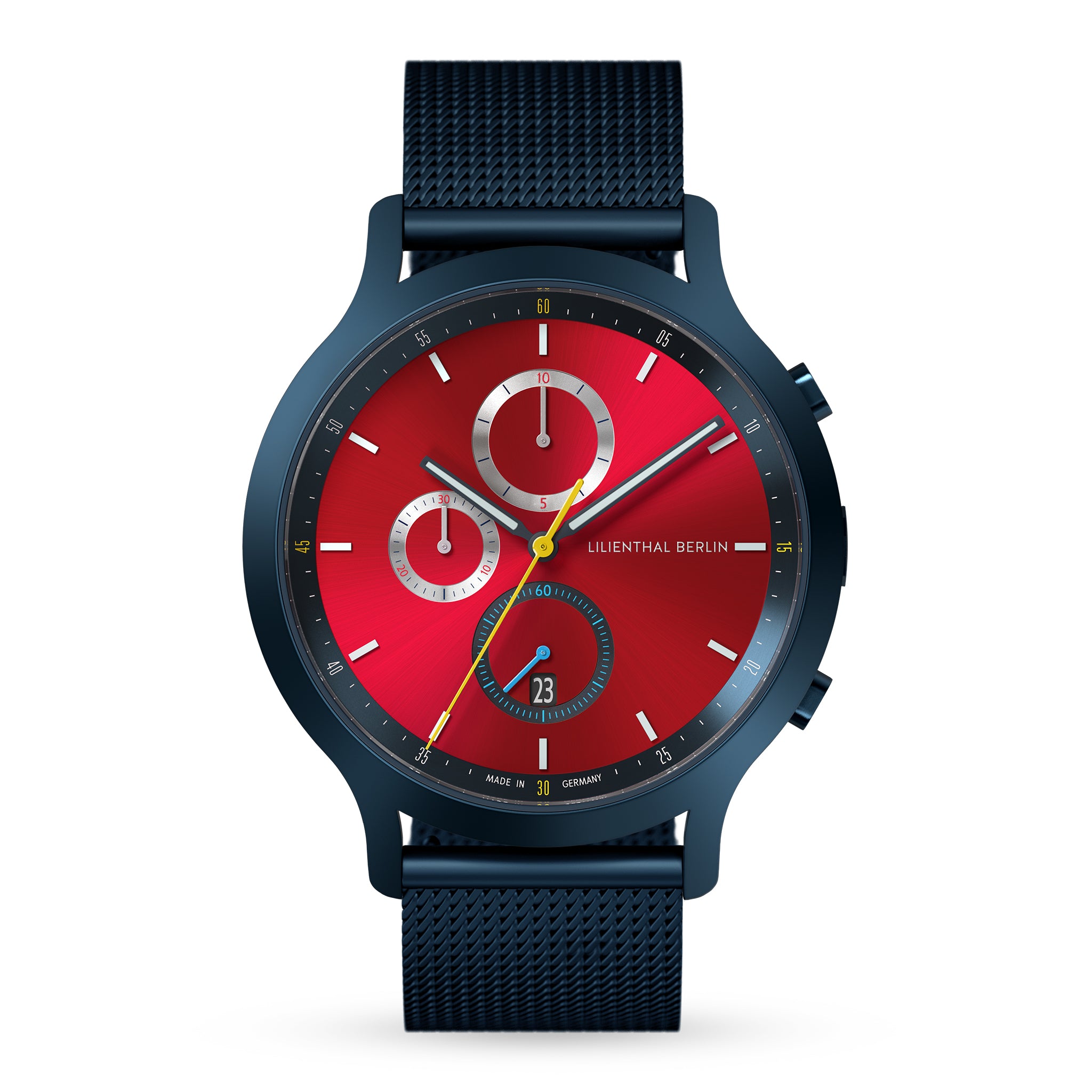 Modern chronograph watch with red dial, blue mesh strap, silver subdials, and yellow hand