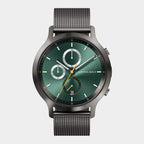 Men's chronograph watch with green dial, mesh strap, and subdials on white background