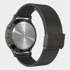 Minimalist chronograph watch back with stainless steel case and black mesh strap