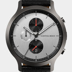 Modern silver chronograph watch with subdials, black strap, and Lilienthal Berlin logo.