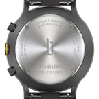 Stainless steel chronograph watch back with engraved Berlin design, sapphire glass, and water resistance details