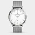 Minimalist silver mesh band watch with white dial and date display, modern design