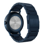 Back view of a blue stainless steel men's watch with engraved case back and metal bracelet